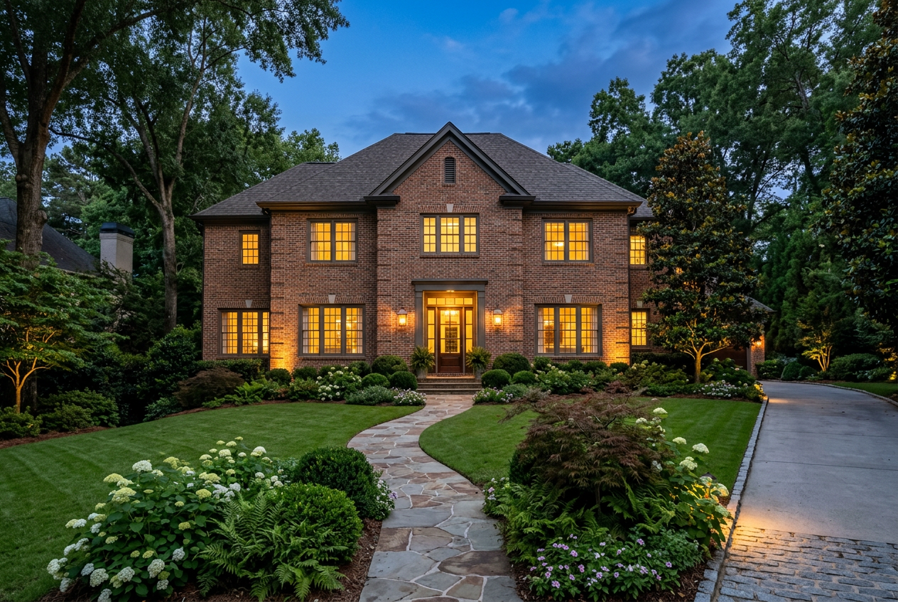 A brick Georgia home at twilight with warm lit windows