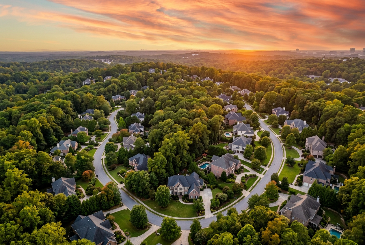 Leafy metro Atlanta neighborhood at sunset